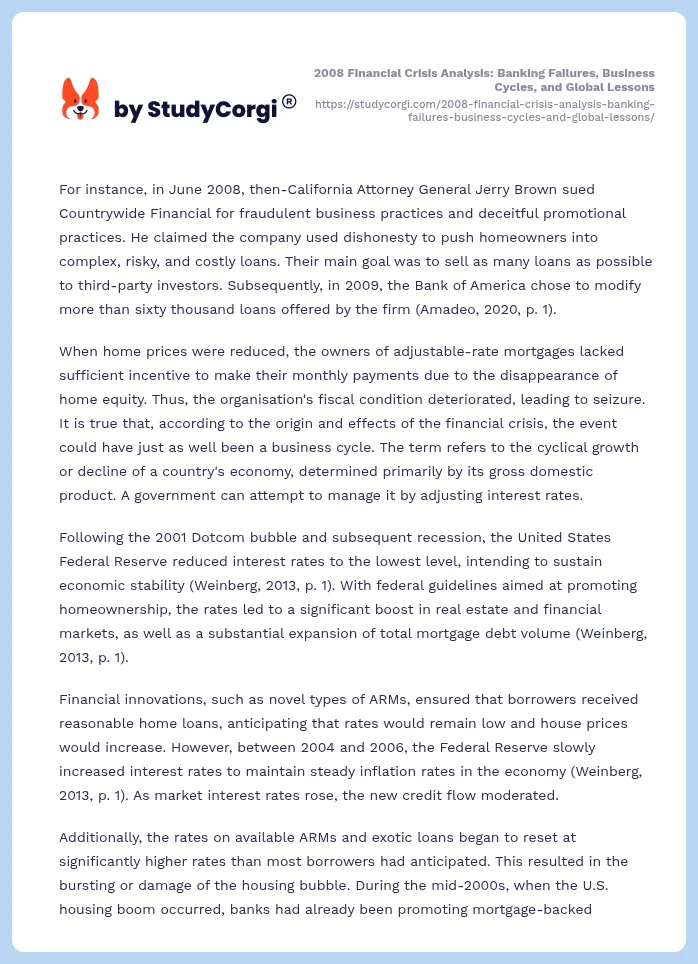 2008 Financial Crisis Analysis: Banking Failures, Business Cycles, and Global Lessons. Page 2