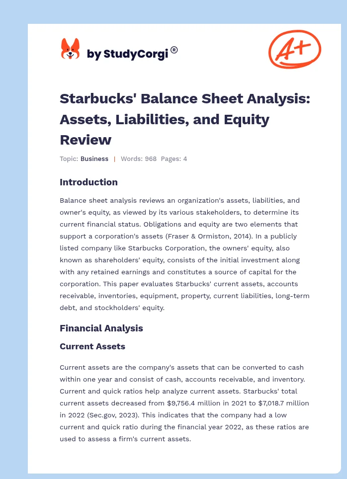 Starbucks' Balance Sheet Analysis: Assets, Liabilities, and Equity Review. Page 1
