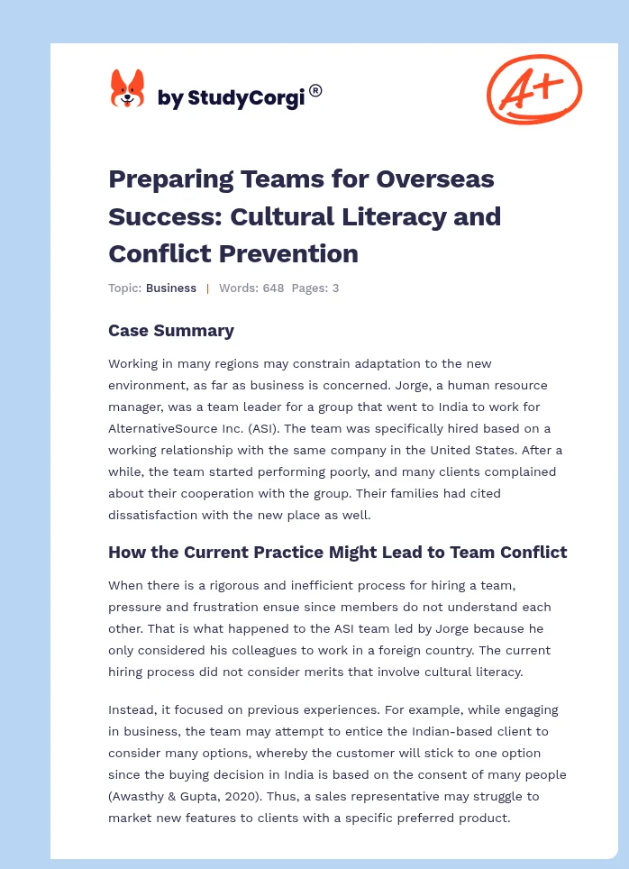 Preparing Teams for Overseas Success: Cultural Literacy and Conflict Prevention. Page 1