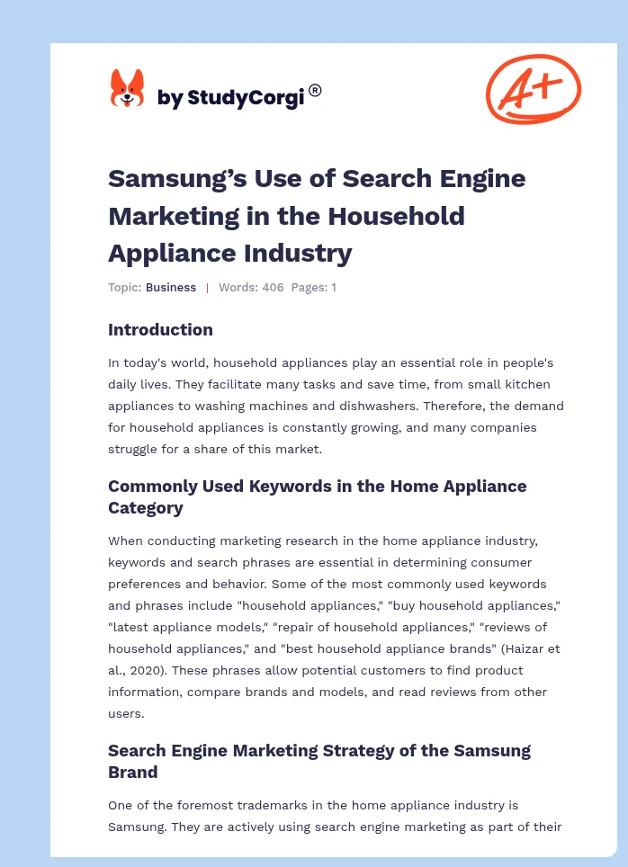 Samsung’s Use of Search Engine Marketing in the Household Appliance Industry. Page 1