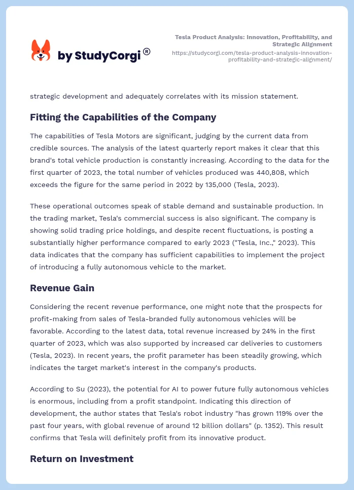 Tesla Product Analysis: Innovation, Profitability, and Strategic Alignment. Page 2