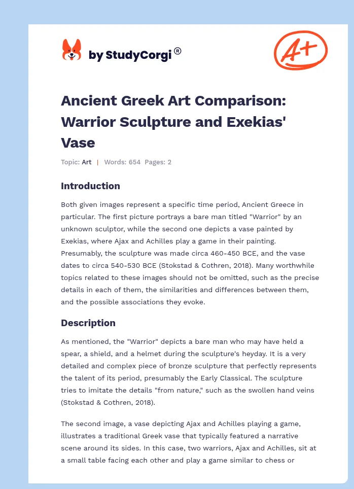 Ancient Greek Art Comparison: Warrior Sculpture and Exekias' Vase. Page 1