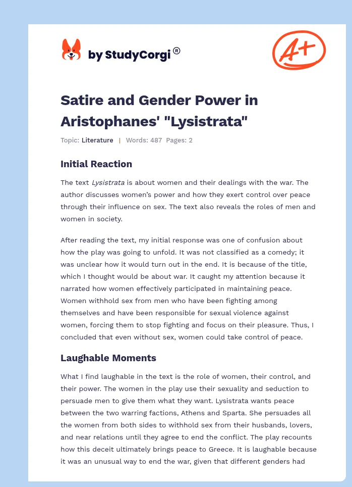 Satire and Gender Power in Aristophanes' "Lysistrata". Page 1