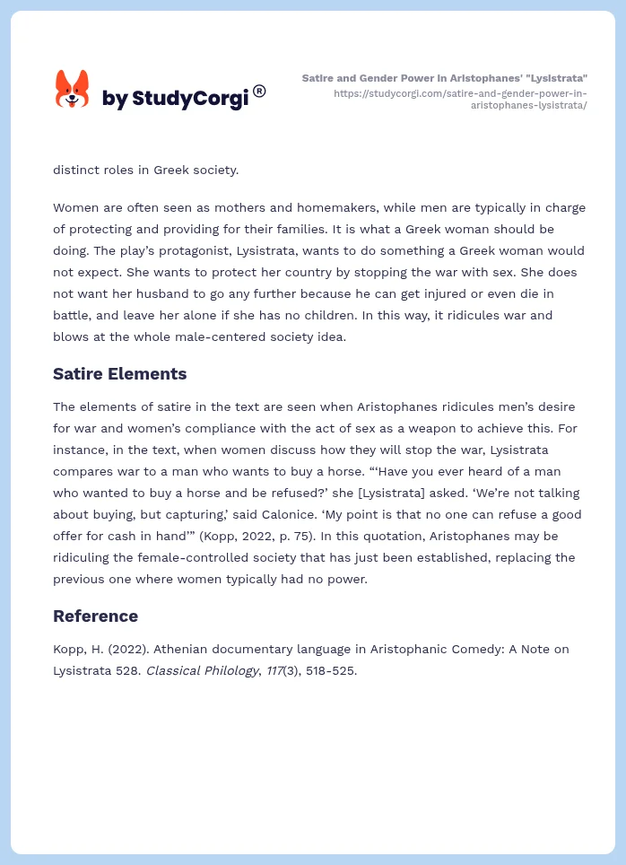 Satire and Gender Power in Aristophanes' "Lysistrata". Page 2