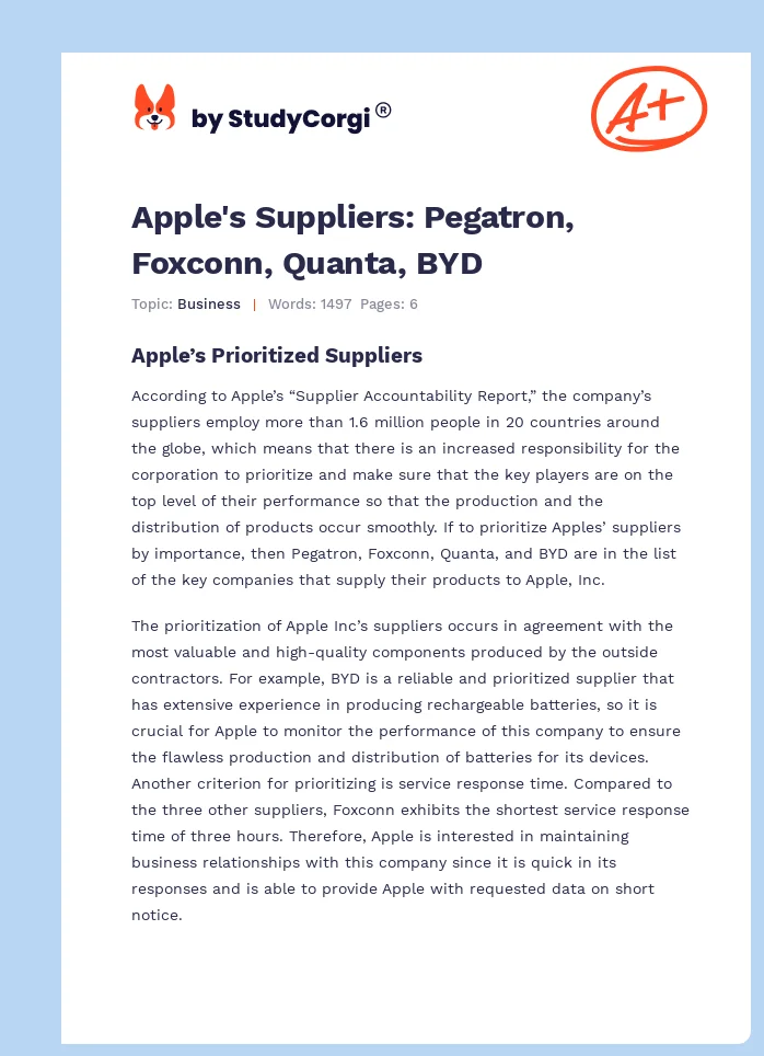 Apple's Suppliers: Pegatron, Foxconn, Quanta, BYD. Page 1