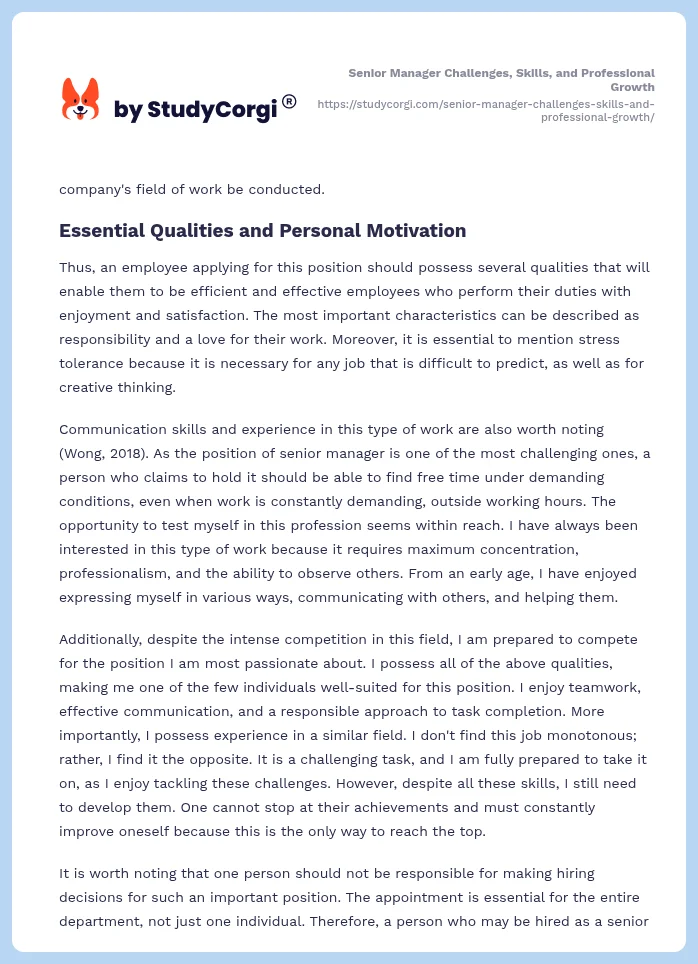 Senior Manager Challenges, Skills, and Professional Growth. Page 2
