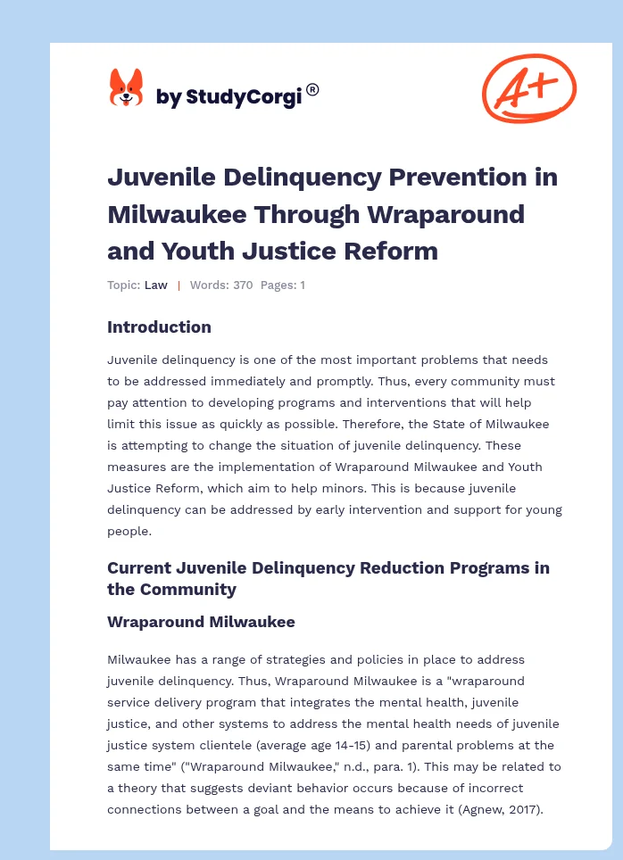 Juvenile Delinquency Prevention in Milwaukee Through Wraparound and Youth Justice Reform. Page 1