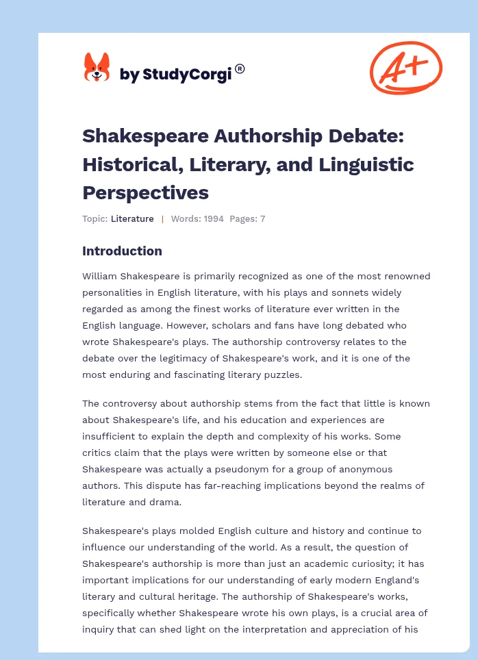 Shakespeare Authorship Debate: Historical, Literary, and Linguistic Perspectives. Page 1