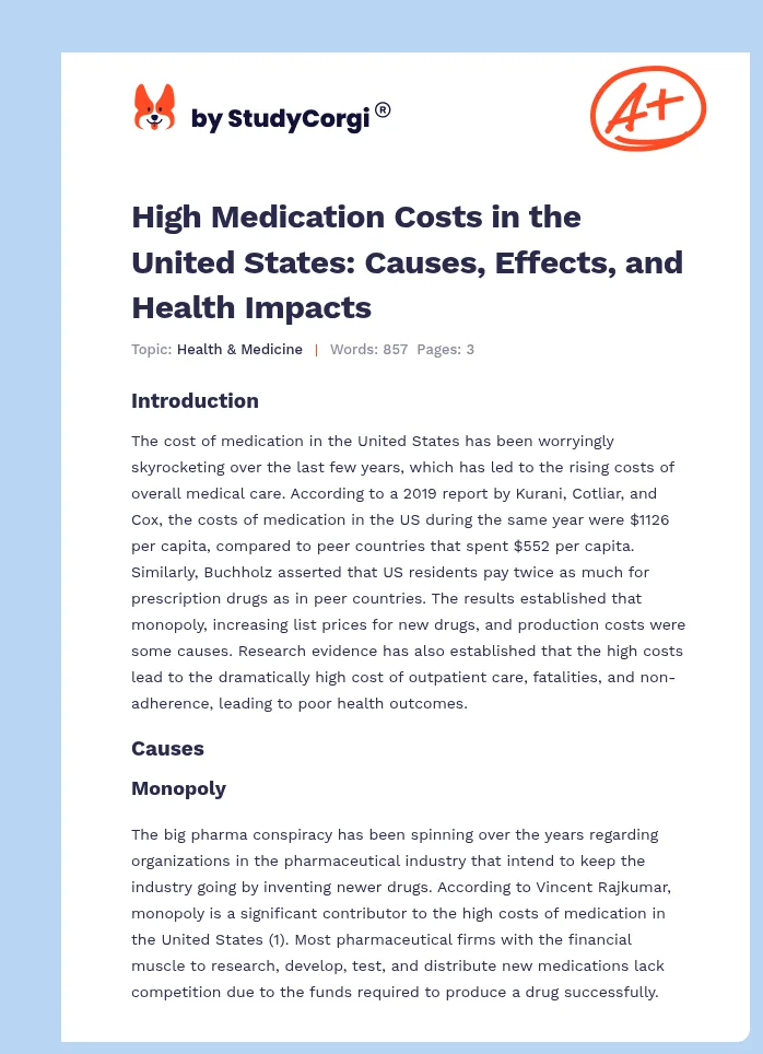 High Medication Costs in the United States: Causes, Effects, and Health Impacts. Page 1