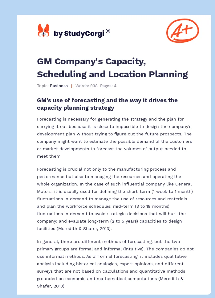 GM Company's Capacity, Scheduling and Location Planning. Page 1