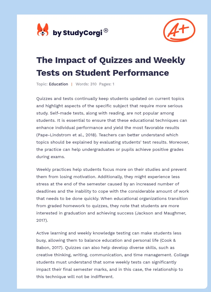The Impact of Quizzes and Weekly Tests on Student Performance. Page 1