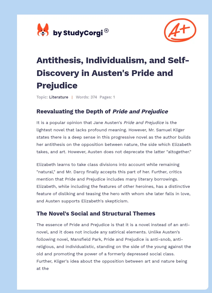 Antithesis, Individualism, and Self-Discovery in Austen's Pride and Prejudice. Page 1