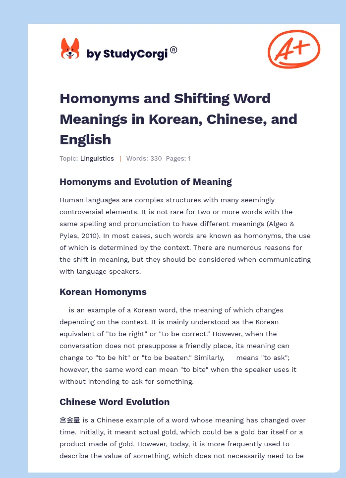 Homonyms and Shifting Word Meanings in Korean, Chinese, and English. Page 1