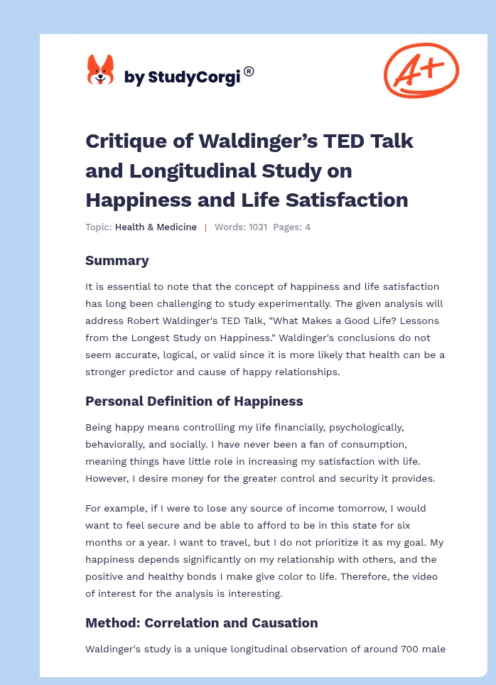 Critique of Waldinger’s TED Talk and Longitudinal Study on Happiness and Life Satisfaction. Page 1