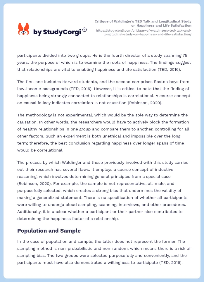 Critique of Waldinger’s TED Talk and Longitudinal Study on Happiness and Life Satisfaction. Page 2