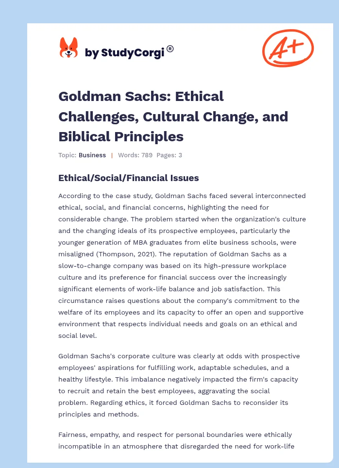 Goldman Sachs: Ethical Challenges, Cultural Change, and Biblical Principles. Page 1