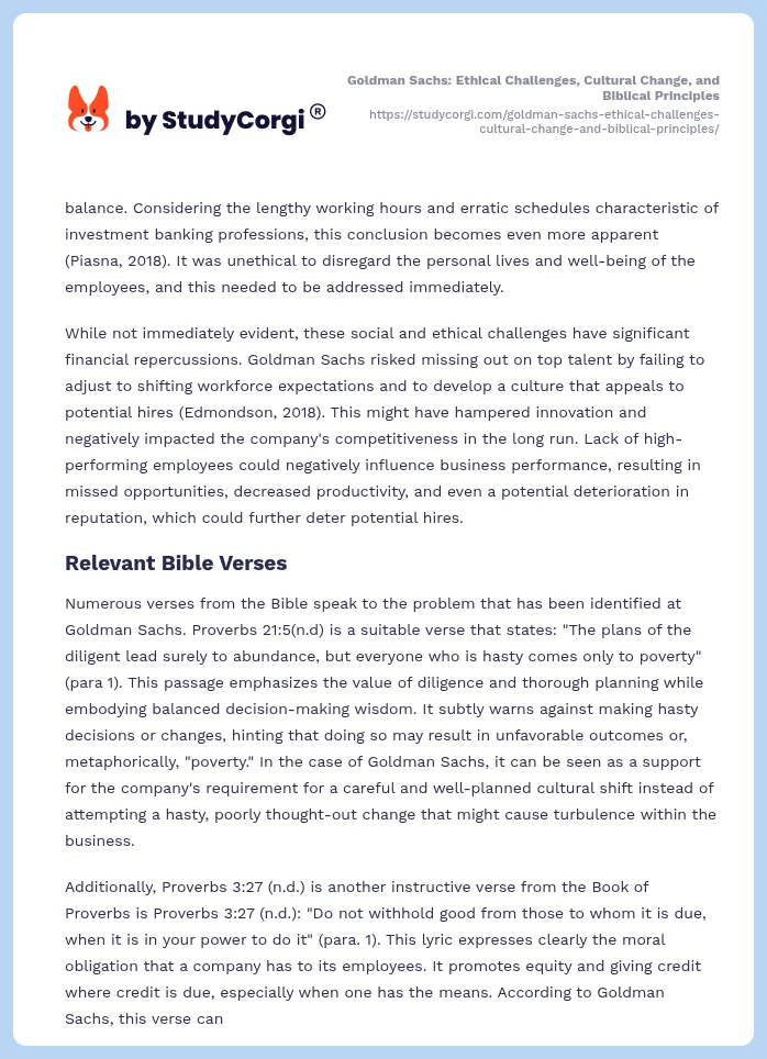 Goldman Sachs: Ethical Challenges, Cultural Change, and Biblical Principles. Page 2