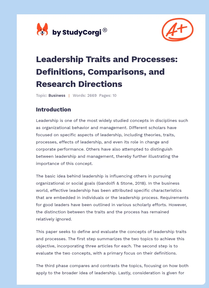 Leadership Traits and Processes: Definitions, Comparisons, and Research Directions. Page 1