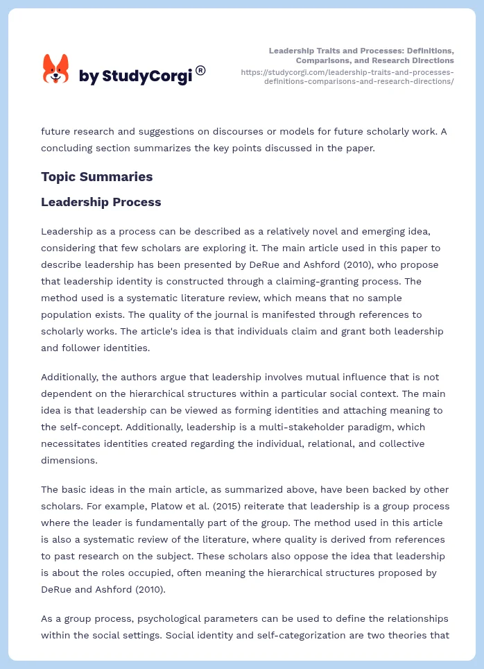 Leadership Traits and Processes: Definitions, Comparisons, and Research Directions. Page 2
