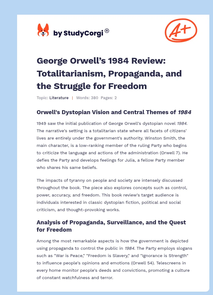 George Orwell’s 1984 Review: Totalitarianism, Propaganda, and the Struggle for Freedom. Page 1