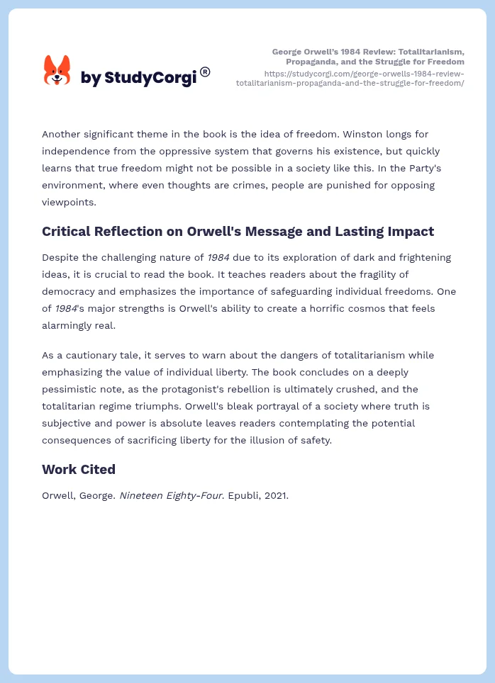 George Orwell’s 1984 Review: Totalitarianism, Propaganda, and the Struggle for Freedom. Page 2
