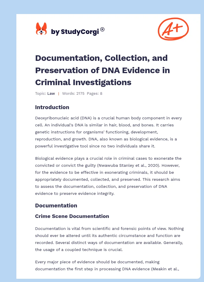 Documentation, Collection, and Preservation of DNA Evidence in Criminal Investigations. Page 1