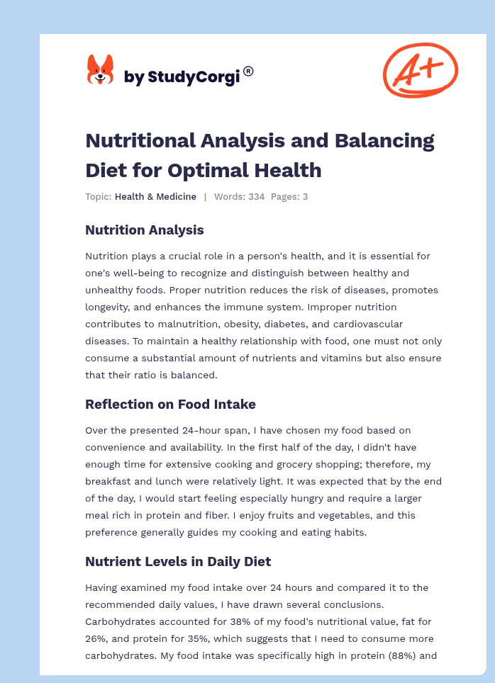 Nutritional Analysis and Balancing Diet for Optimal Health. Page 1