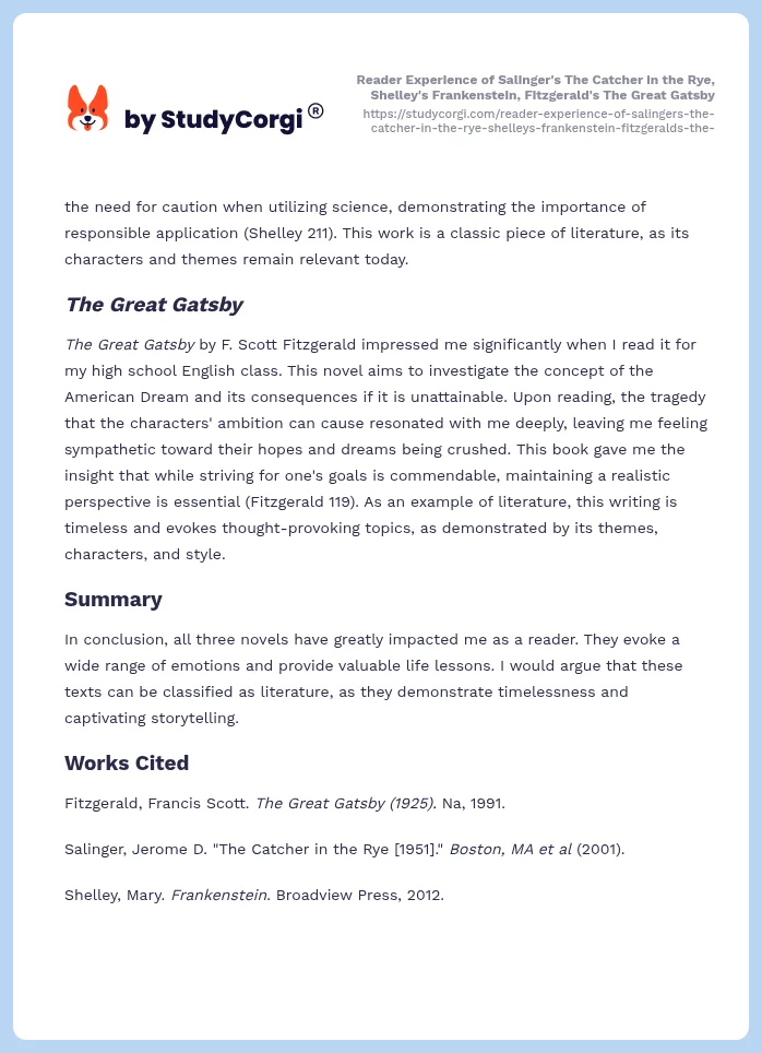 Reader Experience of Salinger's The Catcher in the Rye, Shelley's Frankenstein, Fitzgerald's The Great Gatsby. Page 2
