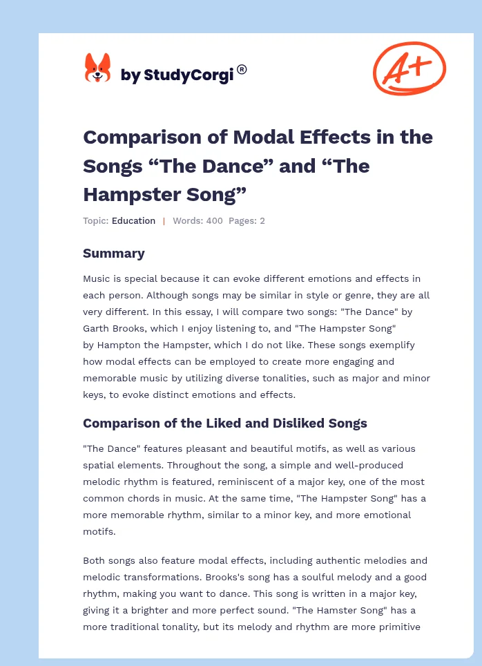 Comparison of Modal Effects in the Songs “The Dance” and “The Hampster Song”. Page 1
