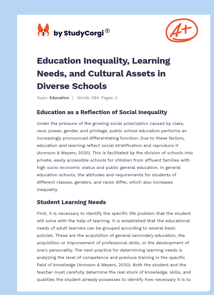 Education Inequality, Learning Needs, and Cultural Assets in Diverse Schools. Page 1
