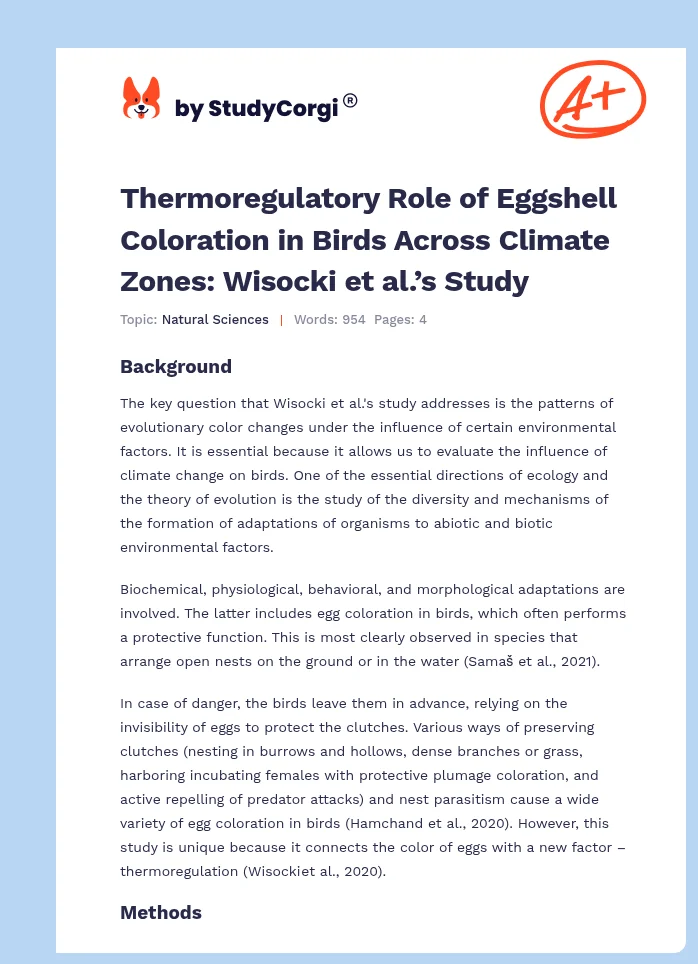 Thermoregulatory Role of Eggshell Coloration in Birds Across Climate Zones: Wisocki et al.’s Study. Page 1