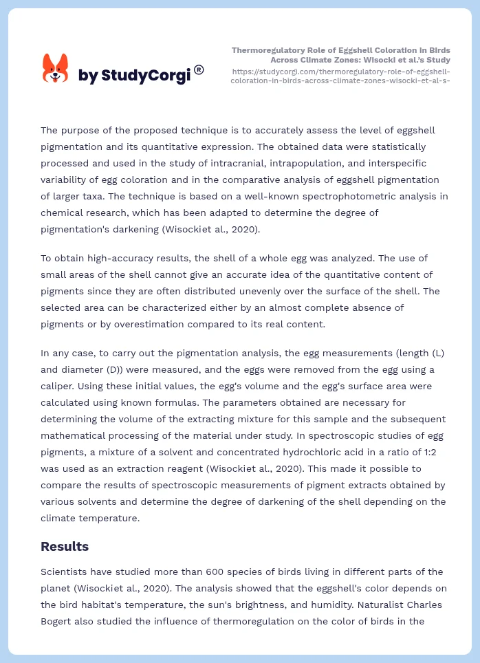 Thermoregulatory Role of Eggshell Coloration in Birds Across Climate Zones: Wisocki et al.’s Study. Page 2