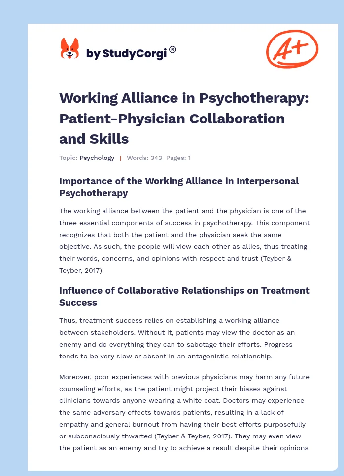 Working Alliance in Psychotherapy: Patient-Physician Collaboration and Skills. Page 1