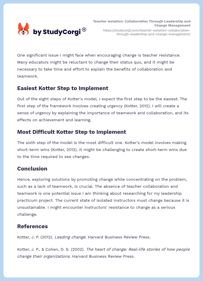 Teacher Isolation: Collaboration Through Leadership and Change Management. Page 2