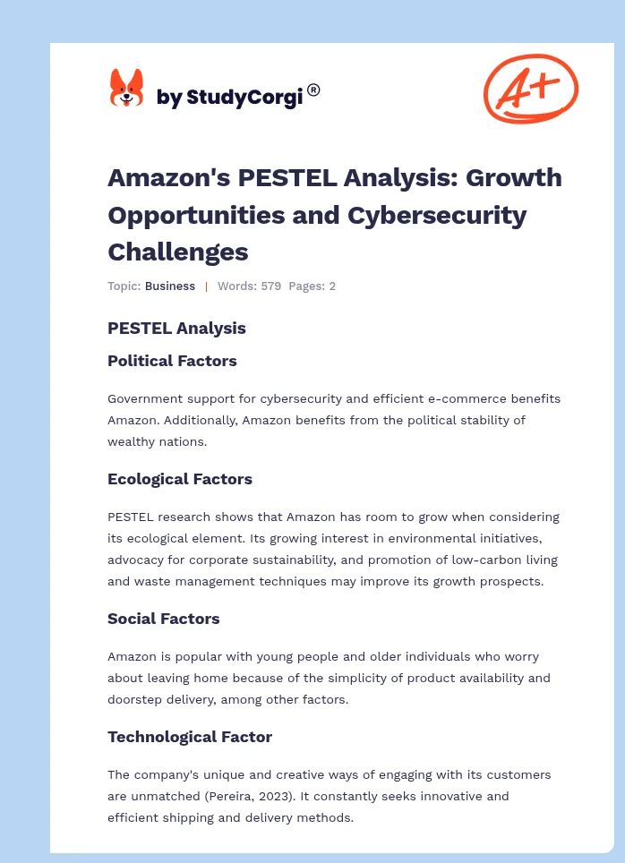 Amazon's PESTEL Analysis: Growth Opportunities and Cybersecurity Challenges. Page 1