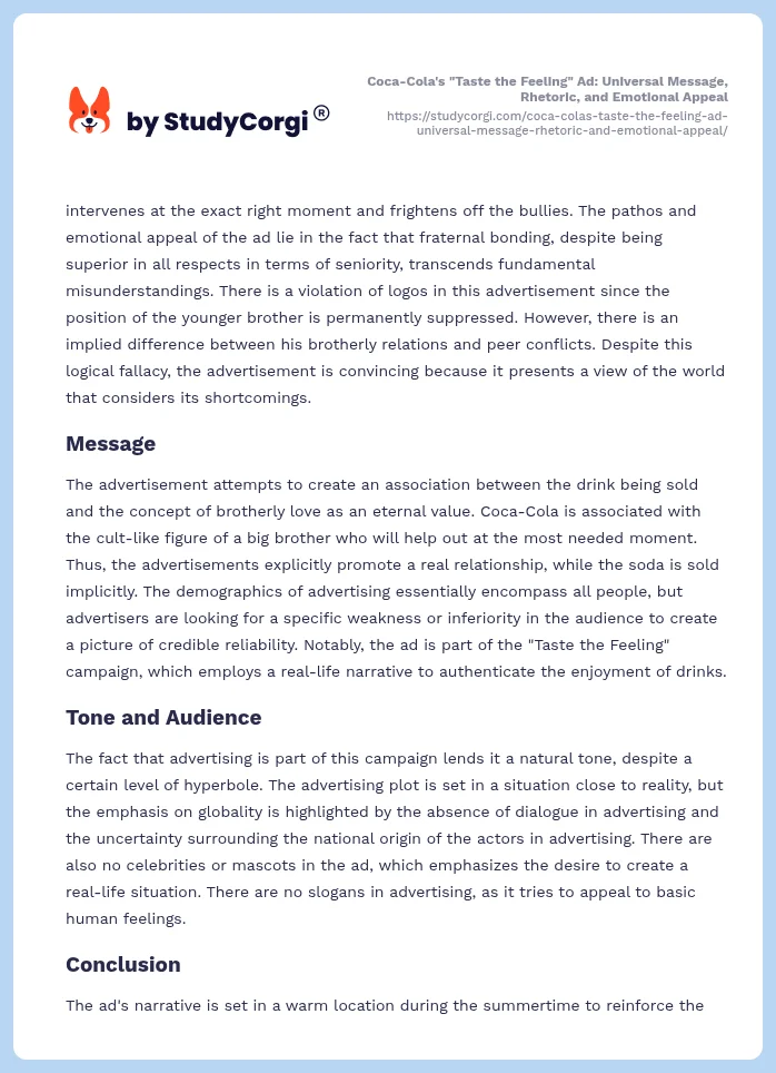 Coca-Cola's "Taste the Feeling" Ad: Universal Message, Rhetoric, and Emotional Appeal. Page 2