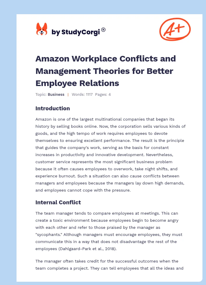 Amazon Workplace Conflicts and Management Theories for Better Employee Relations. Page 1
