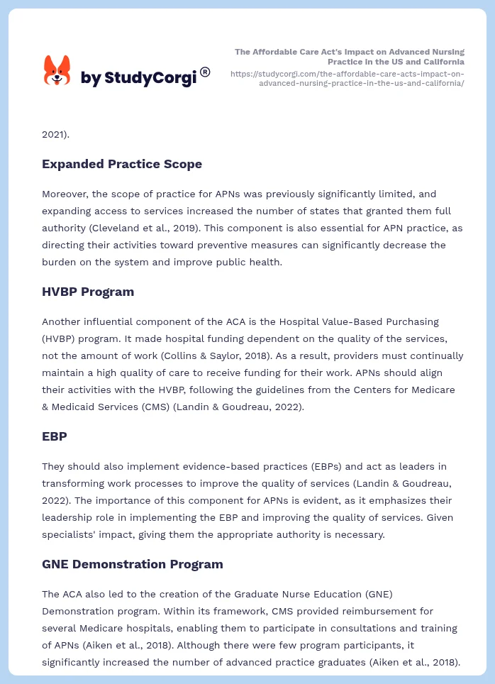 The Affordable Care Act's Impact on Advanced Nursing Practice in the US and California. Page 2