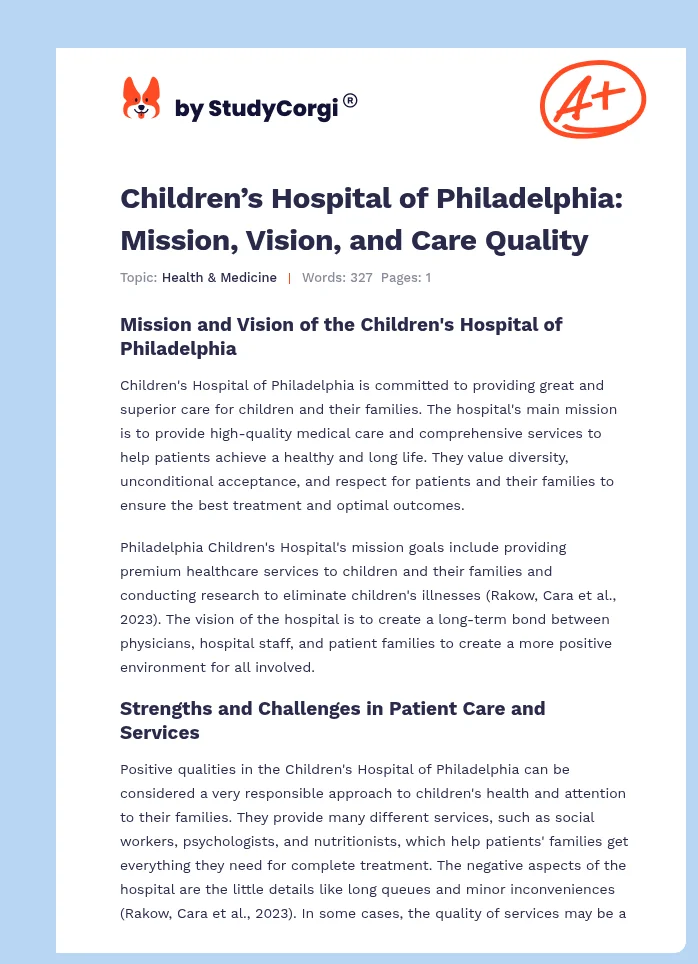 Children’s Hospital of Philadelphia: Mission, Vision, and Care Quality. Page 1