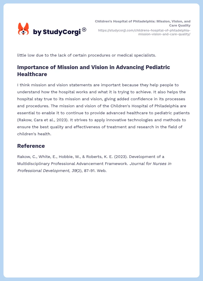 Children’s Hospital of Philadelphia: Mission, Vision, and Care Quality. Page 2