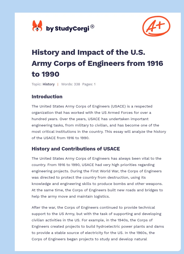 History and Impact of the U.S. Army Corps of Engineers from 1916 to 1990. Page 1