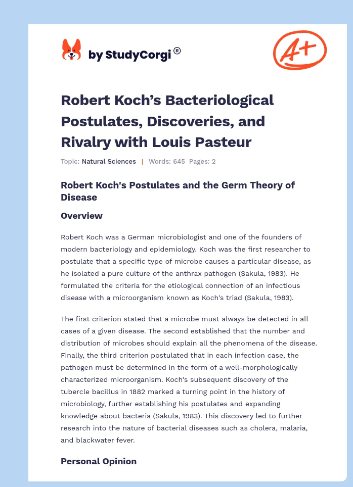 Robert Koch’s Bacteriological Postulates, Discoveries, and Rivalry with Louis Pasteur. Page 1