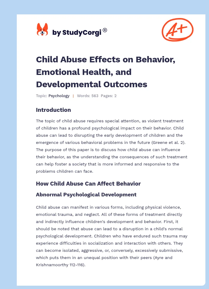 Child Abuse Effects on Behavior, Emotional Health, and Developmental Outcomes. Page 1