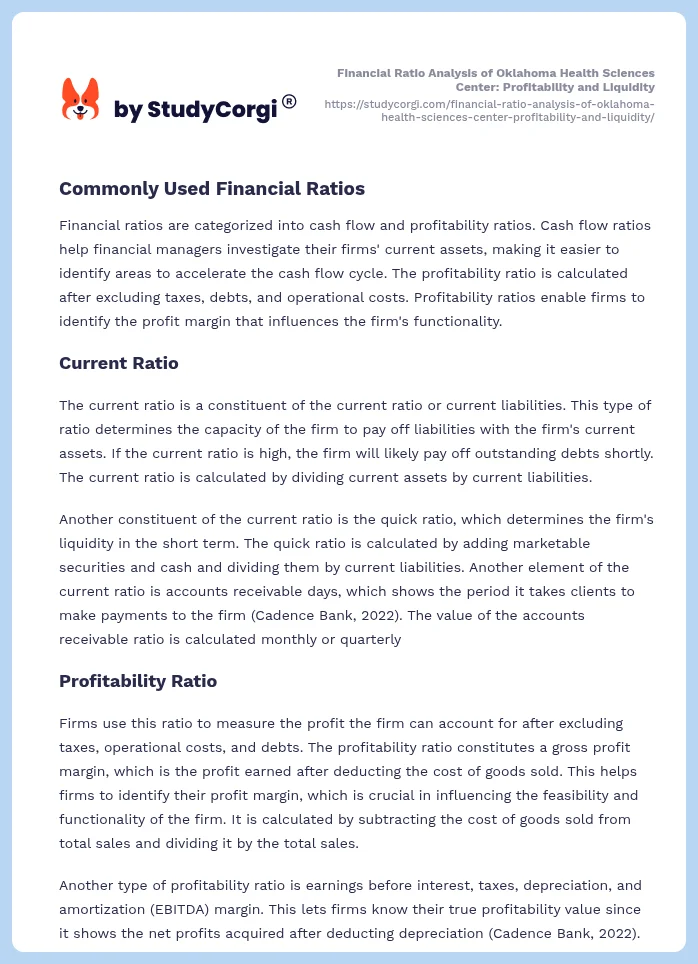 Financial Ratio Analysis of Oklahoma Health Sciences Center: Profitability and Liquidity. Page 2