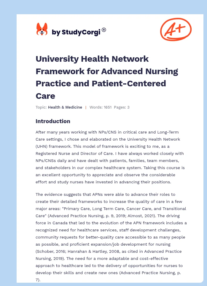 University Health Network Framework for Advanced Nursing Practice and Patient-Centered Care. Page 1
