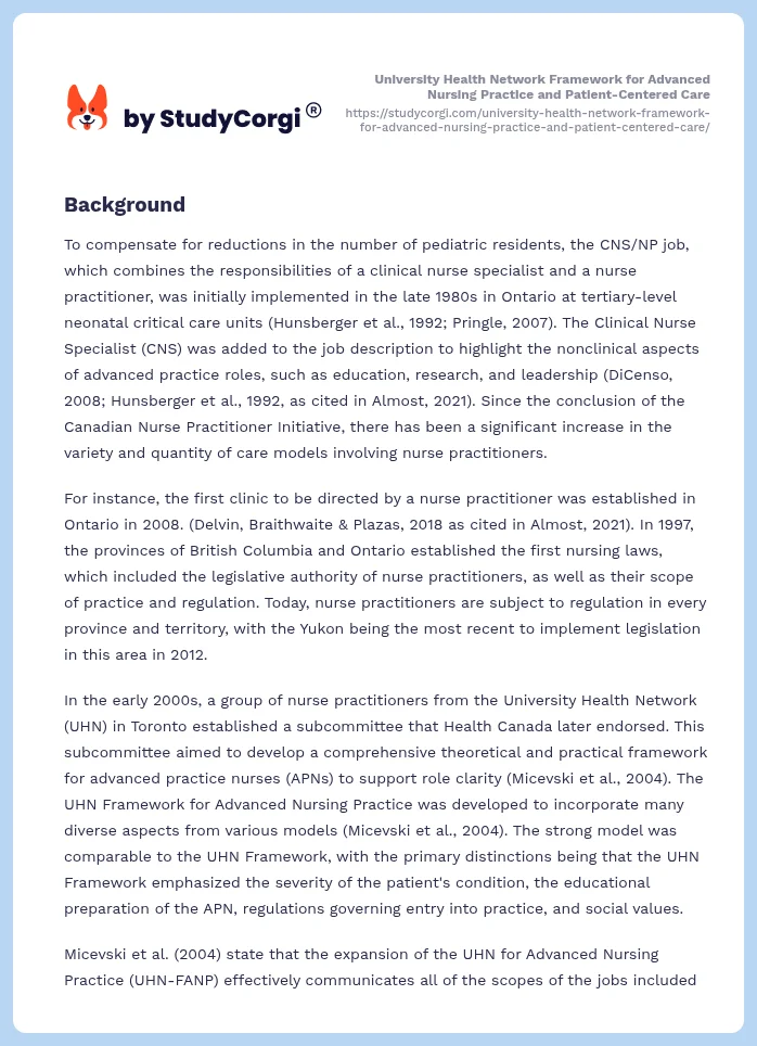 University Health Network Framework for Advanced Nursing Practice and Patient-Centered Care. Page 2
