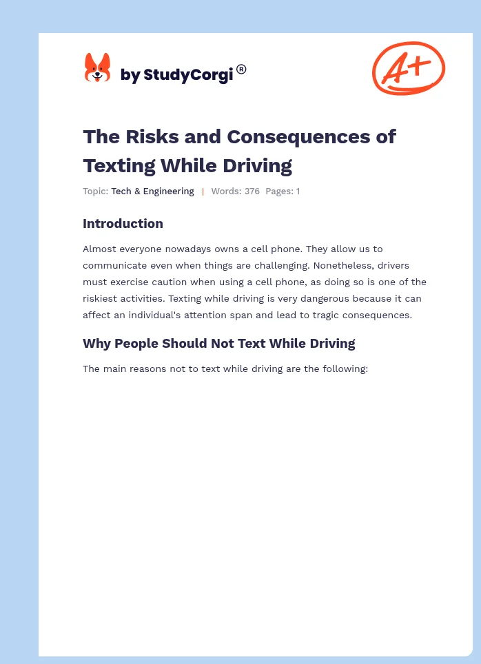 The Risks and Consequences of Texting While Driving. Page 1