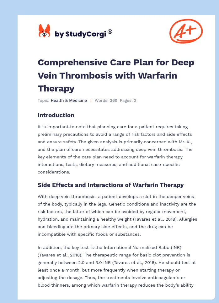 Comprehensive Care Plan for Deep Vein Thrombosis with Warfarin Therapy. Page 1