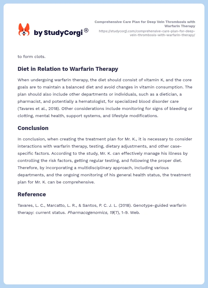 Comprehensive Care Plan for Deep Vein Thrombosis with Warfarin Therapy. Page 2
