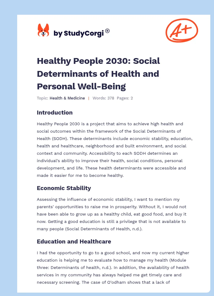 Healthy People 2030: Social Determinants of Health and Personal Well-Being. Page 1